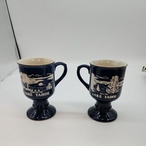 Vintage Stoneware Lake Tahoe Footed Mug Goblet Blue 5" By RTSI Lot of 2